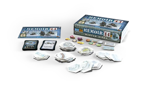 Memoir 44: Winter Wars board game set displayed on a white background, including the main box, a smaller box, cards, tokens, and game components.
