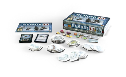Memoir 44: Winter Wars board game set displayed on a white background, including the main box, a smaller box, cards, tokens, and game components.