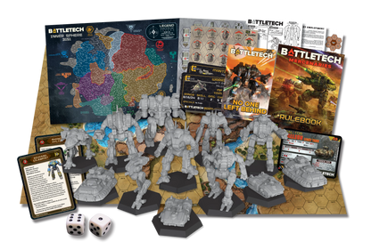 Battletech game set with figures, maps, and rulebooks on a white background