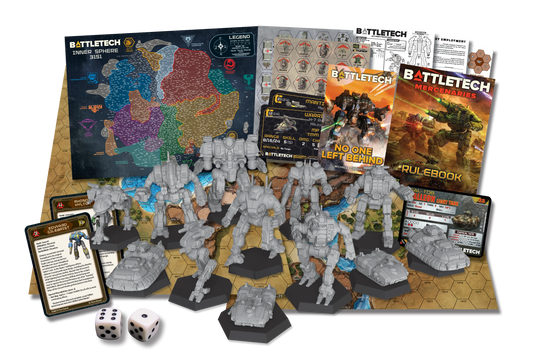 Battletech game set with figures, maps, and rulebooks on a white background