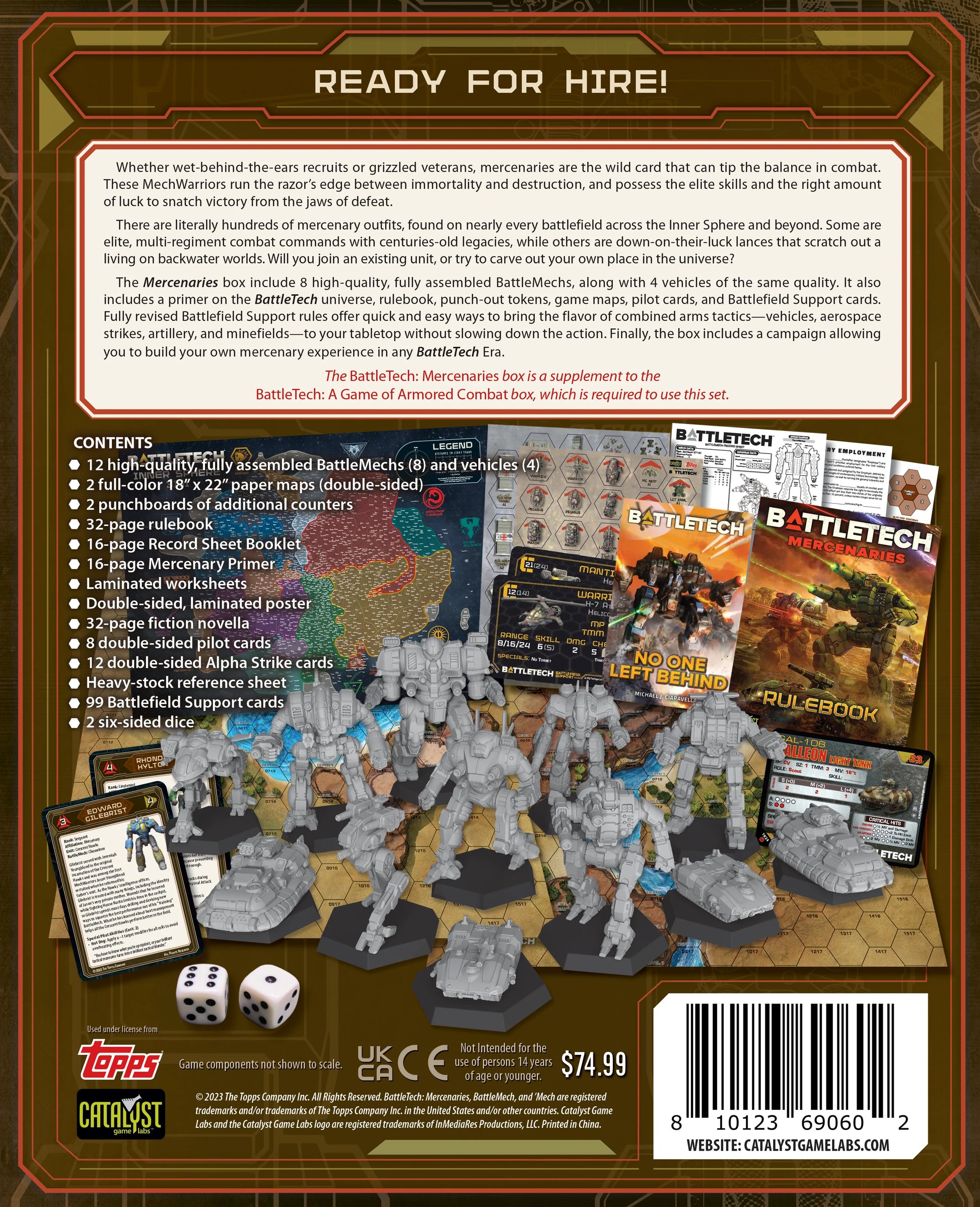 Back cover of the Topps Critic Book for BattleBites, showing product contents, a list of included miniatures and accessories, a preview of the BattleBites game board, and the Topps Critic Book logo at the bottom.