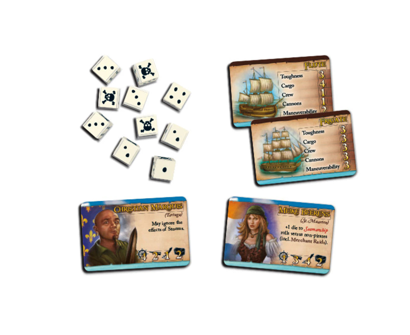 Merchants and Marauders board game cards and dice