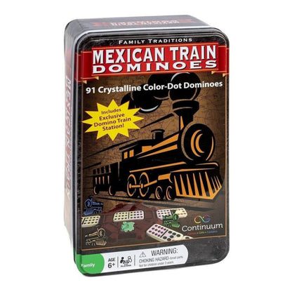 Box of Mexican Train Dominoes game with train illustration on a white background