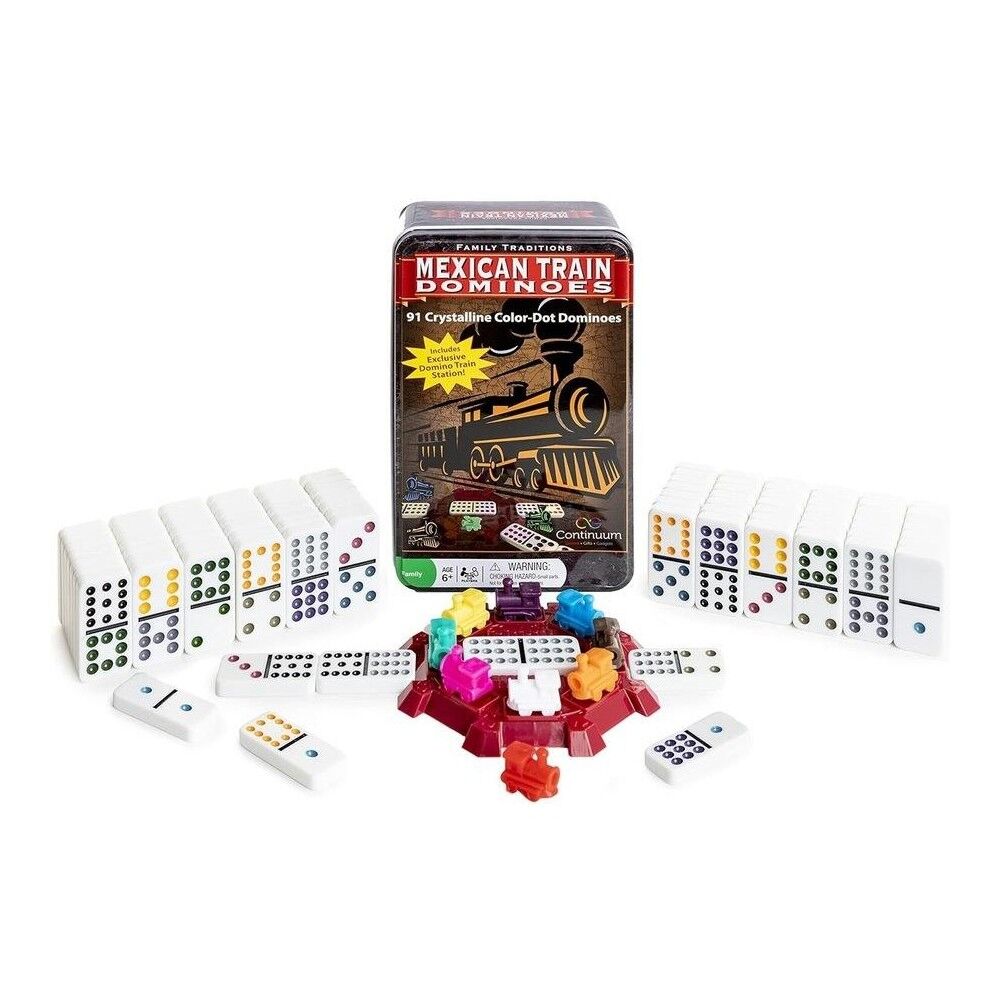 Mexican Train Dominoes set with dominoes and packaging on a white background