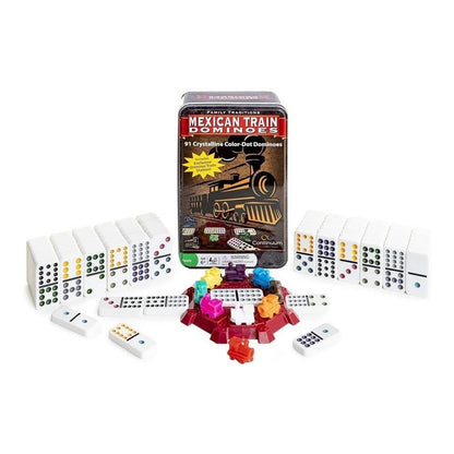 Mexican Train Dominoes set with dominoes and packaging on a white background
