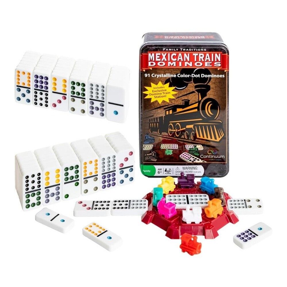 Mexican Train Dominoes game set with dominoes and packaging on a white background