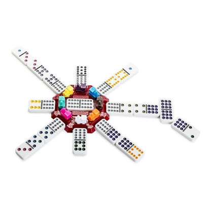 Colorful domino set with a central piece on a white background
