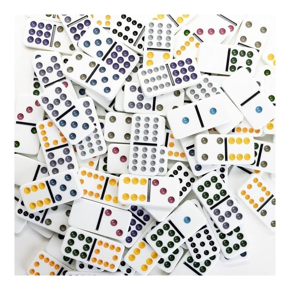 Collection of dominoes with various colored dots on a white background