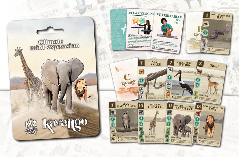 Kavango game expansion pack with cards featuring animals and characters.