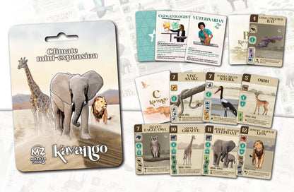 Kavango game expansion pack with cards featuring animals and characters.
