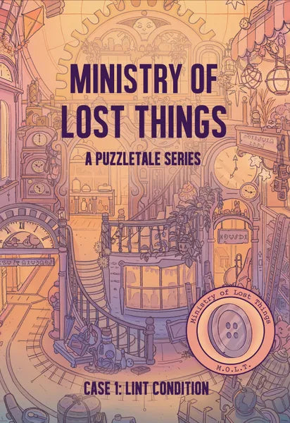 Board game puzzle of 'Ministry of Lost Things' with intricate design and text.
