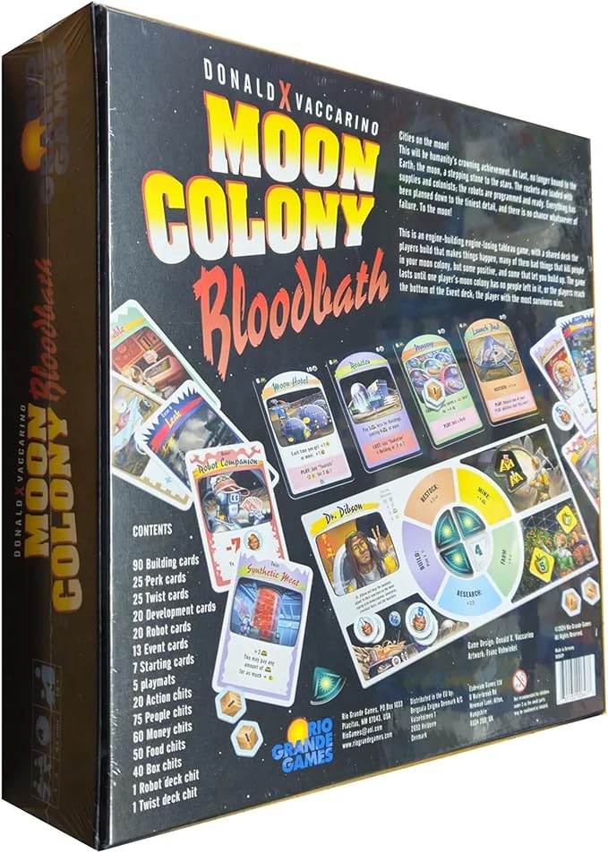Board game box for 'Moon Colony Bloodbath' by Donald X Vaccarino with colorful cards displayed on the back.