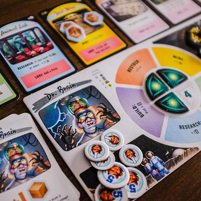 Board game cards with character illustrations and game pieces on a wooden surface