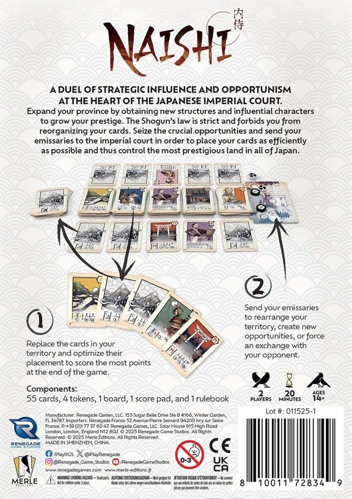 Naishi Back cover of a board game packaging with text and game pieces.