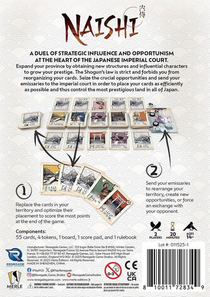 Naishi Back cover of a board game packaging with text and game pieces.