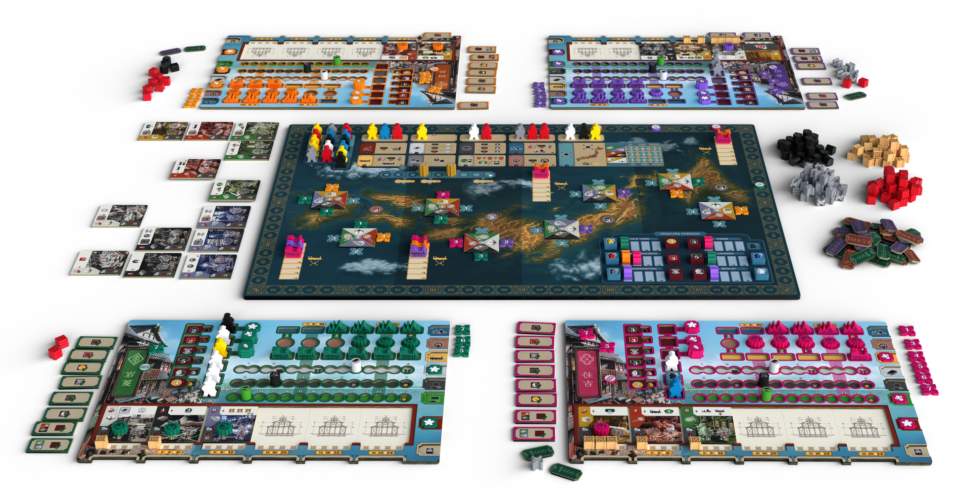 Collection of board game components including pieces, cards, and a map on a white background