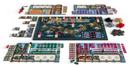 Collection of board game components including pieces, cards, and a map on a white background