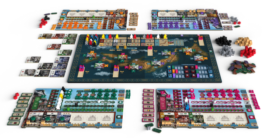 Collection of board game components including pieces, cards, and a map on a white background