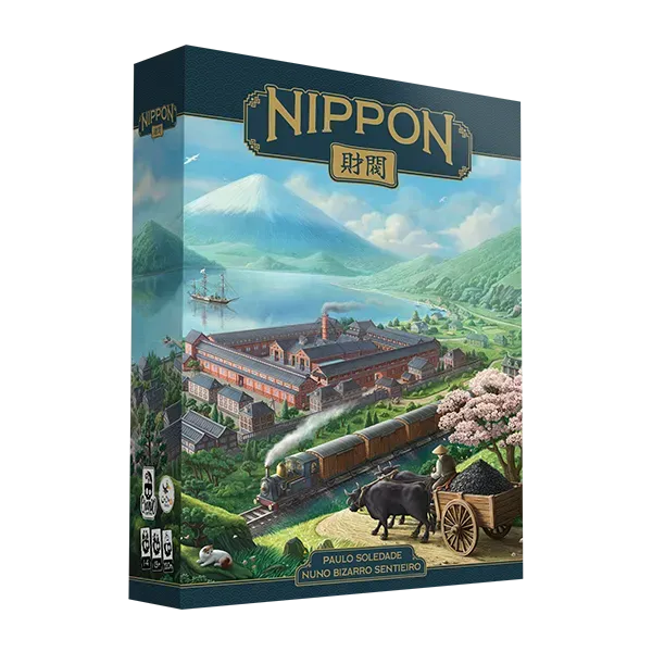 Board game box for 'Nippon' with a scenic illustration of a factory and landscape.
