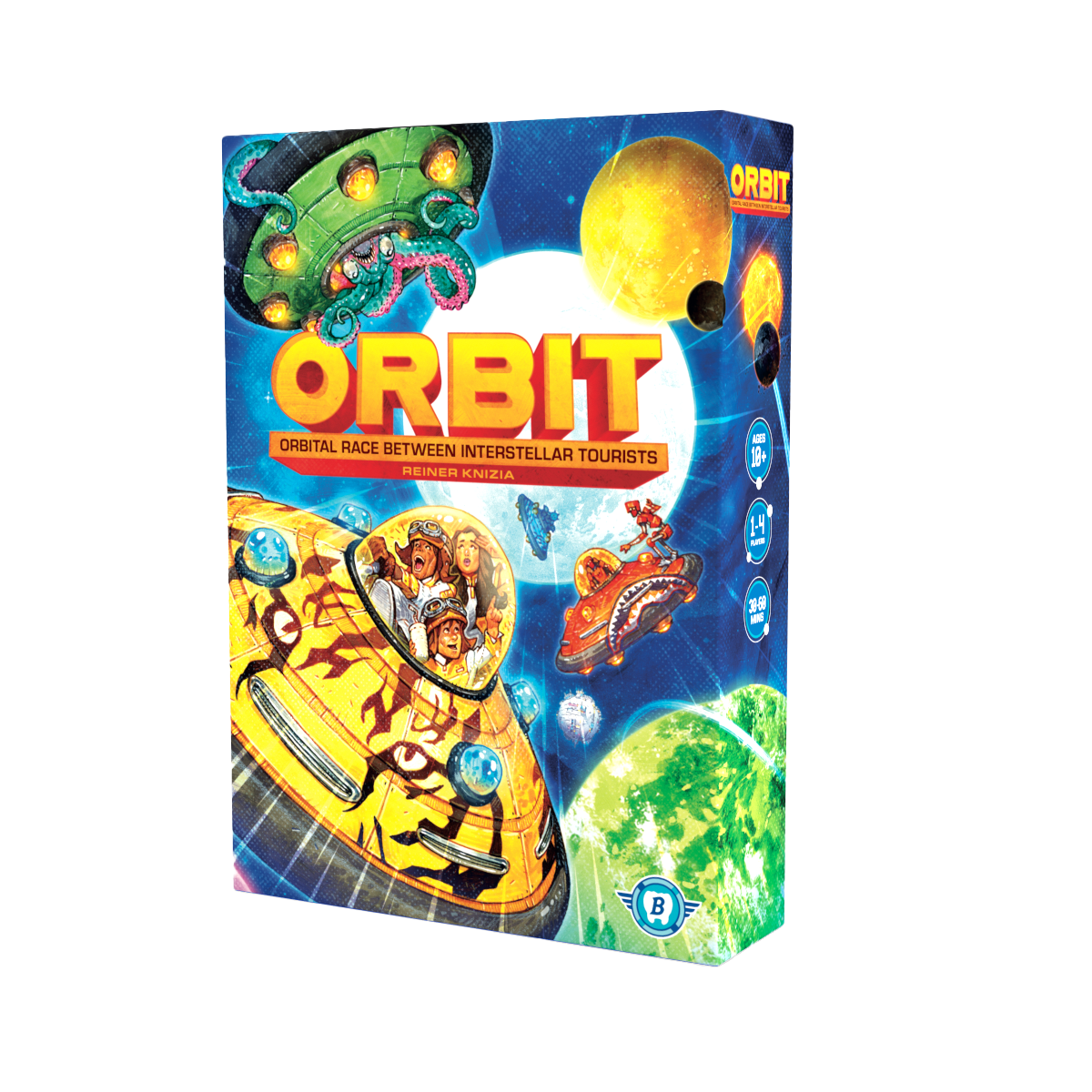 Board game box for 'Orbit' with space-themed graphics and colorful design.