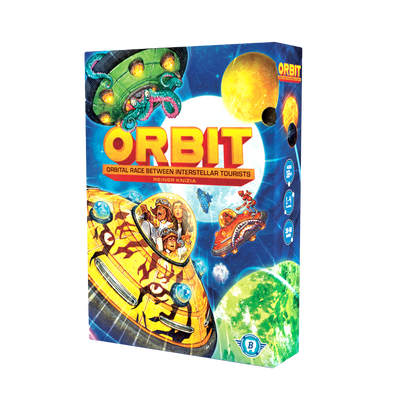 Board game box for 'Orbit' with space-themed graphics and colorful design.