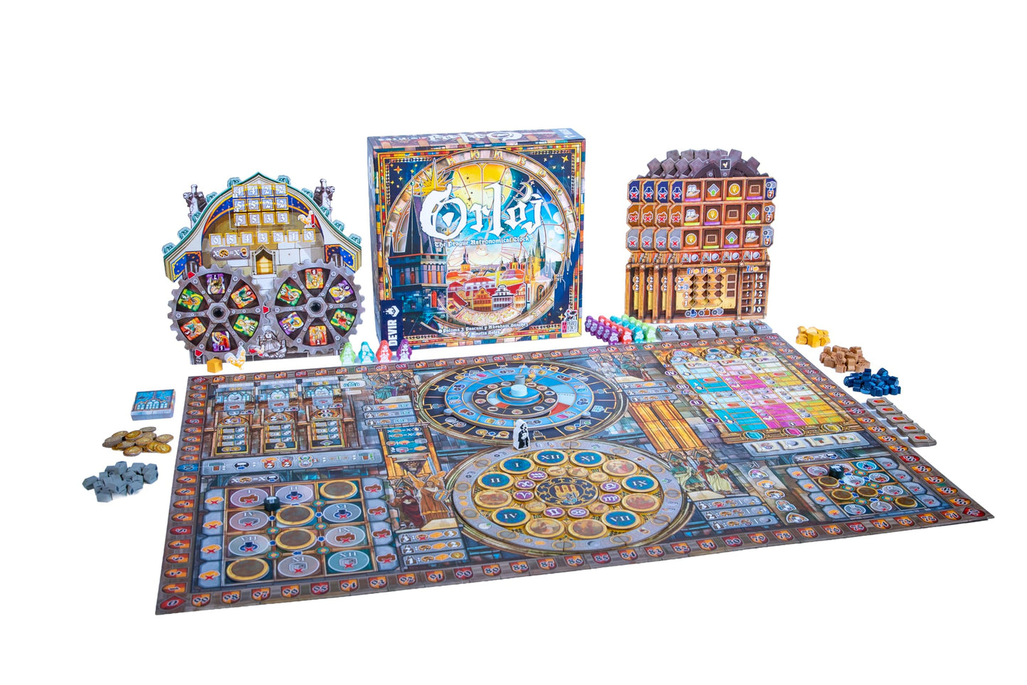 Orloj Board game set with colorful board, pieces, and box on a white background