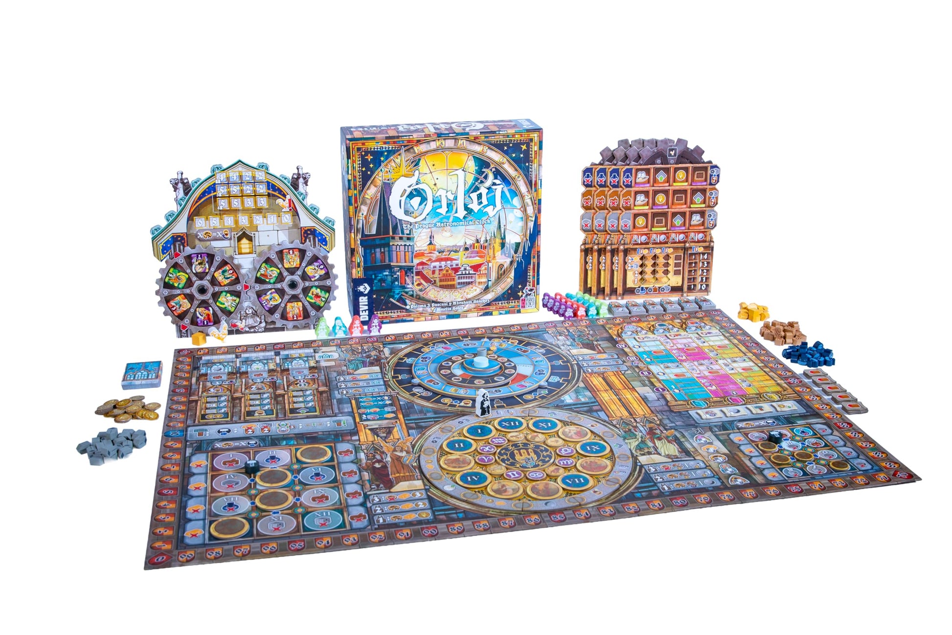 Orloj Board game set with colorful board, pieces, and box on a white background