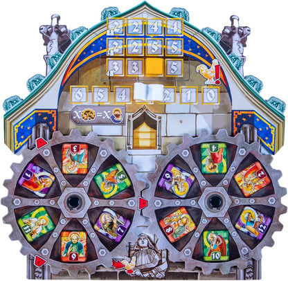 Orloj Decorative clock with gears and colorful symbols on a white background