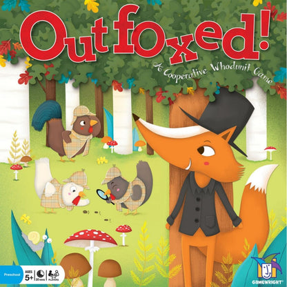 Board game cover titled 'Outfoxed!' with a fox character and forest theme.