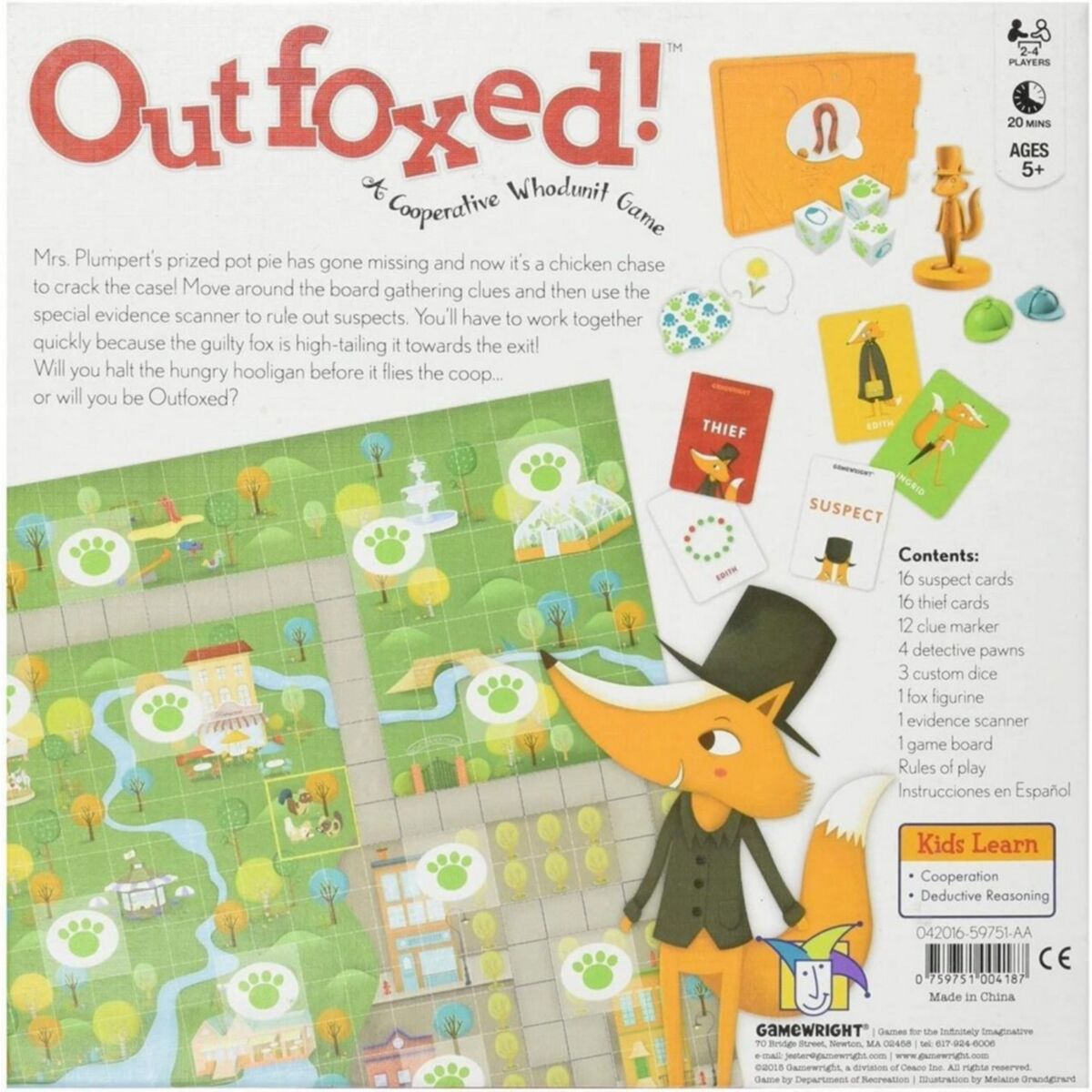 Board game packaging for 'Outfoxed!' with game components and fox character.