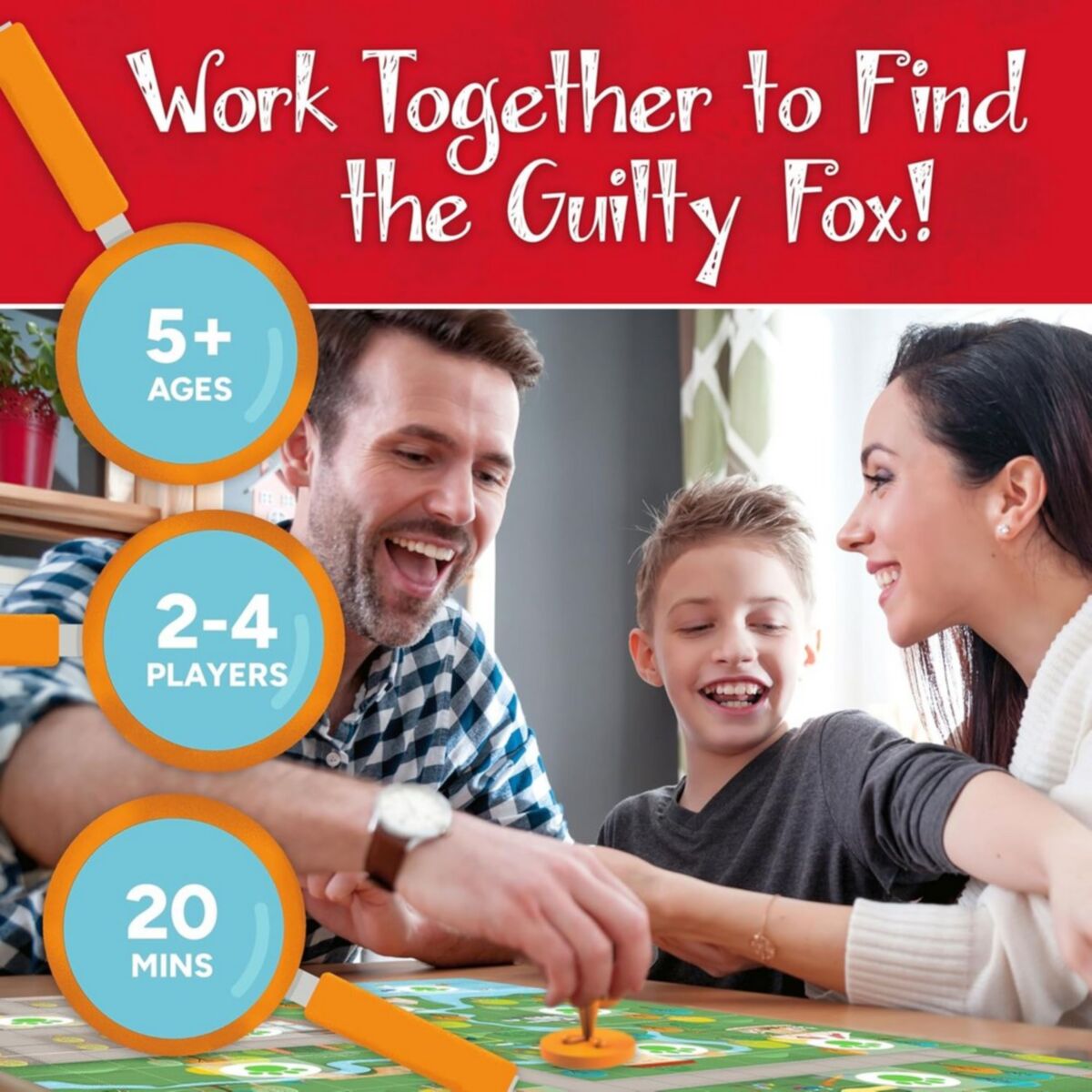 Family playing a board game with text indicating age, number of players, and playtime.