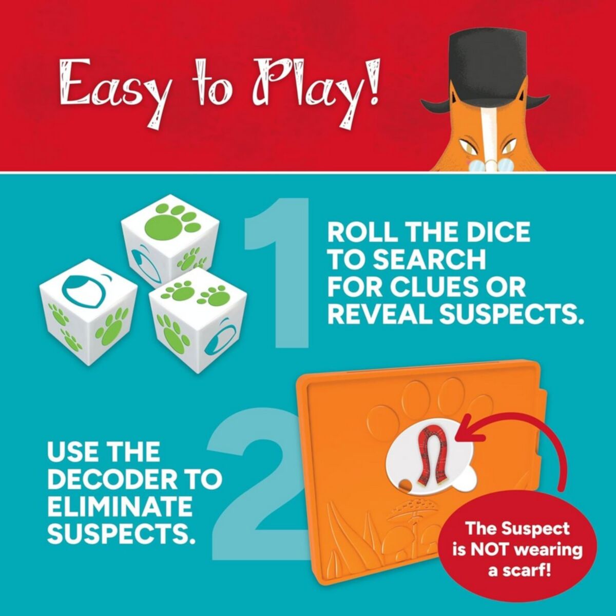 Game instructions with dice and decoder for a mystery game, featuring a fox character.