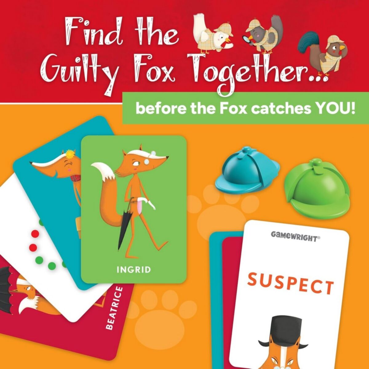 Card game packaging with fox-themed cards and game pieces on a colorful background