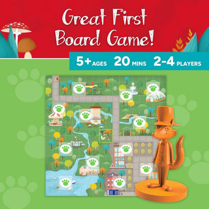 Board game packaging with a fox figure and game board illustration on a red and green background.
