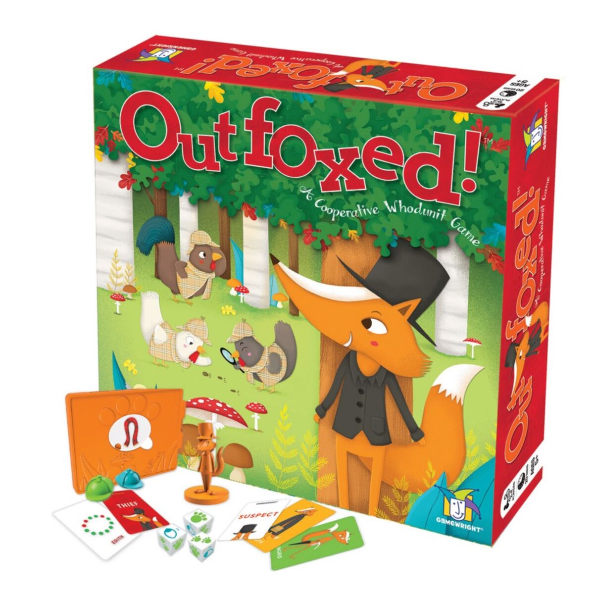 Board game box for 'Outfoxed!' with a fox character and forest design.