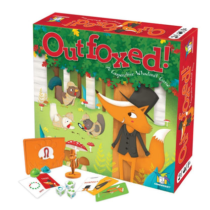 Board game box for 'Outfoxed!' with a fox character and forest design.