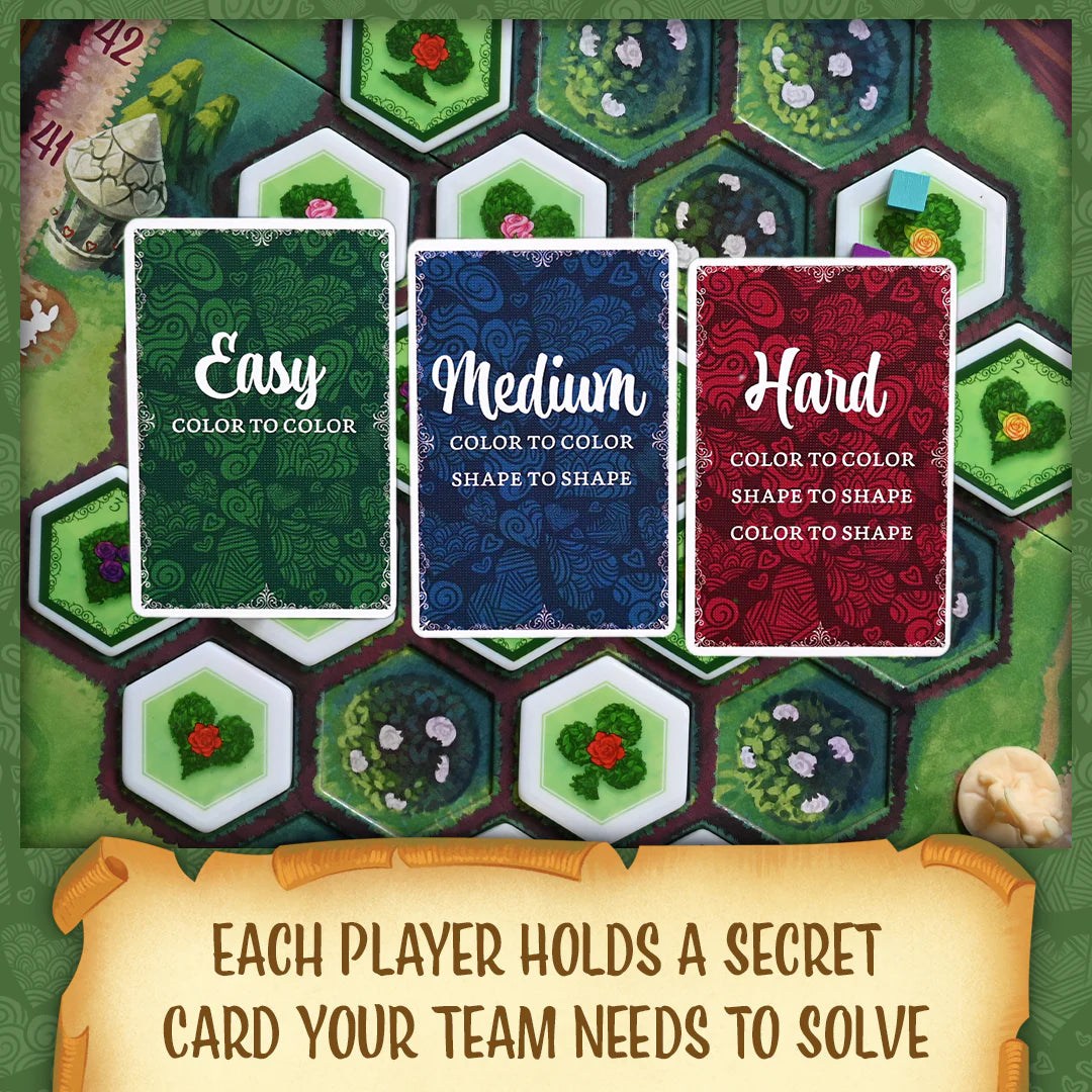 Paint the Roses Three color-coded cards labeled 'Easy', 'Medium', and 'Hard' on a hexagonal tile game board.