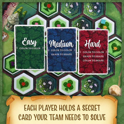 Paint the Roses Three color-coded cards labeled 'Easy', 'Medium', and 'Hard' on a hexagonal tile game board.