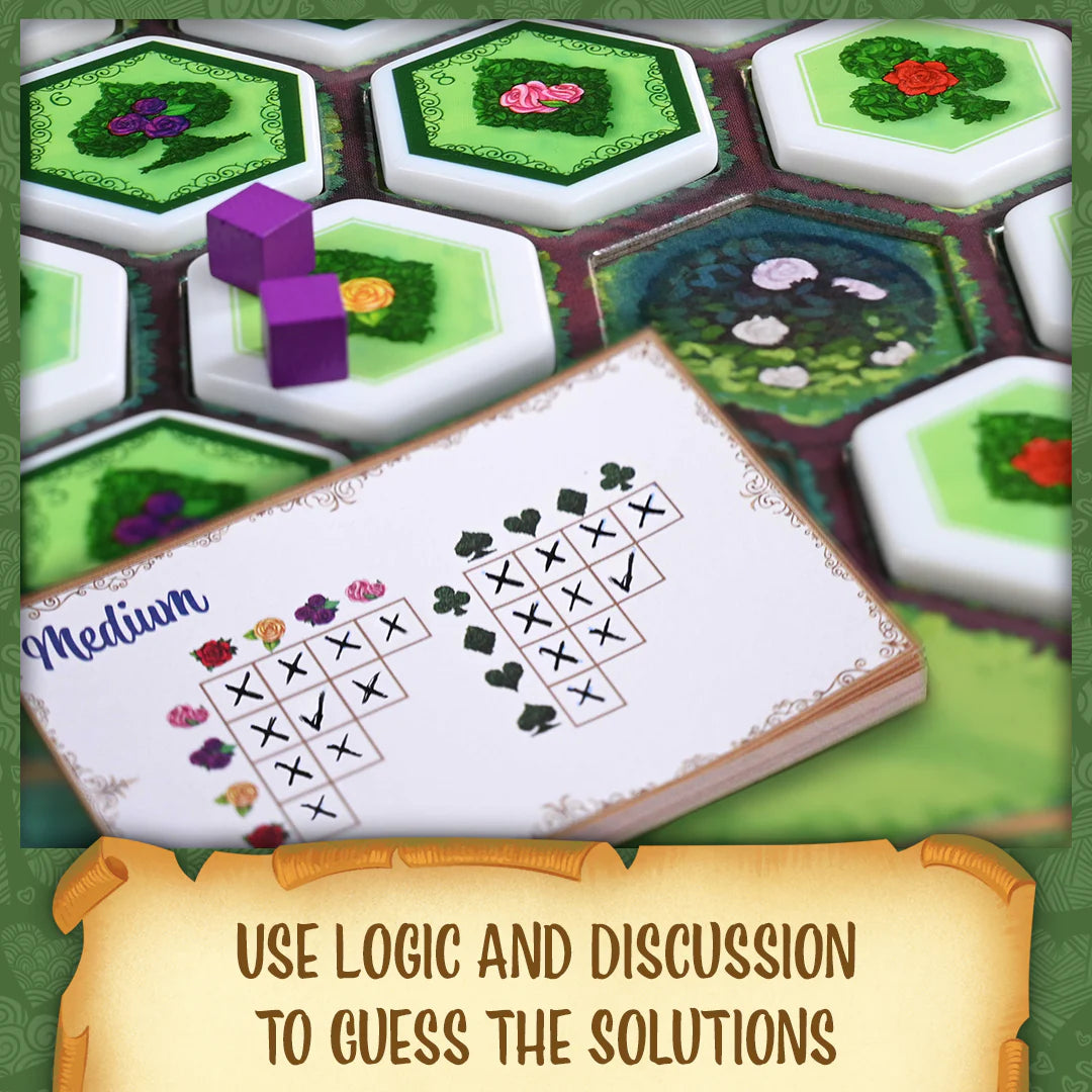 Paint the Roses Board game tiles with hexagonal designs and a scoring sheet, featuring text 'Use logic and discussion to guess the solutions'.
