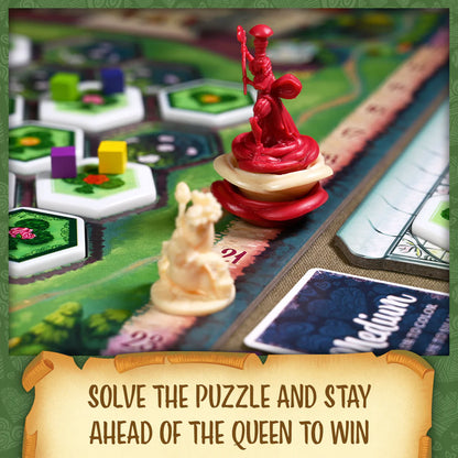 Paint the Roses Board game with pieces and text 'Solve the puzzle and stay ahead of the queen to win'.