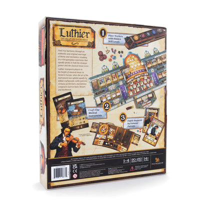 Board game box for 'Luthier' with detailed illustrations on a white background