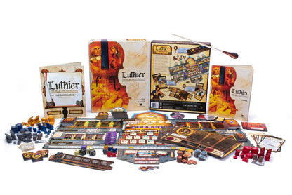 Board game components including cards, dice, and boxes on a white background