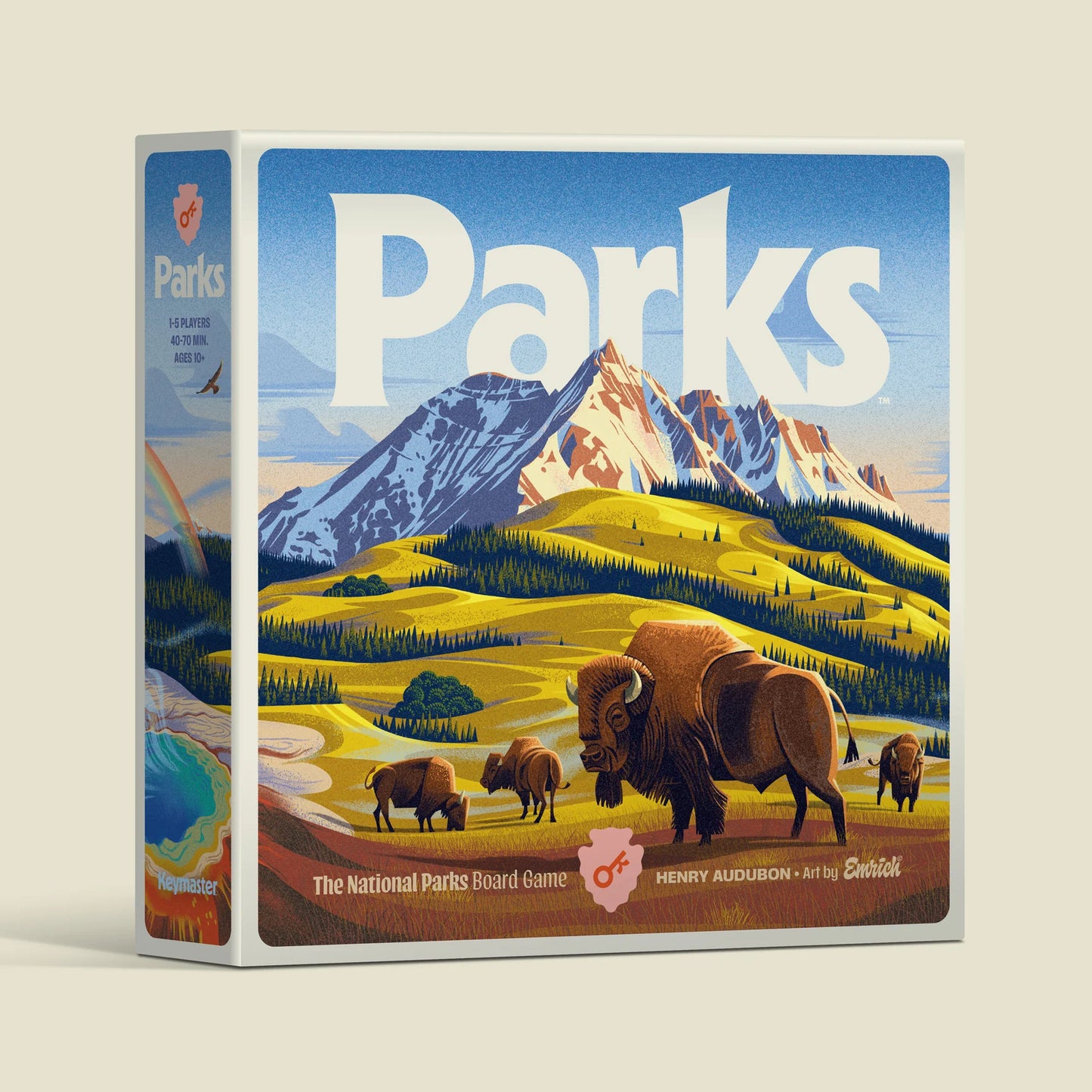 Board game box titled 'Parks' with a mountain and bison design on a beige background