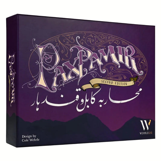 Board game box titled 'PaxPamir' with ornate text and a purple background