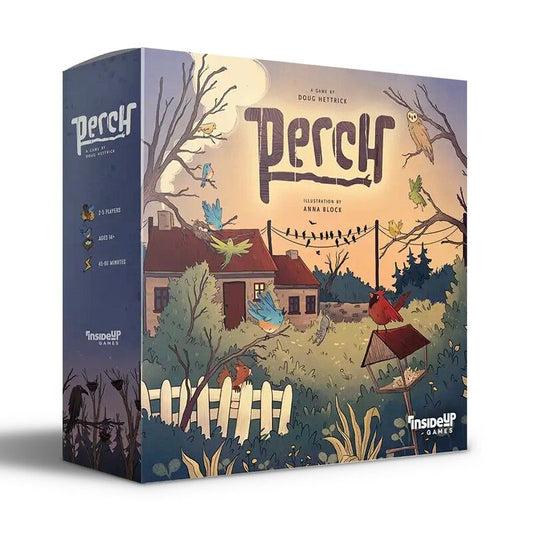 Board game box for 'Perch' with illustrations of birds and a house on a white background