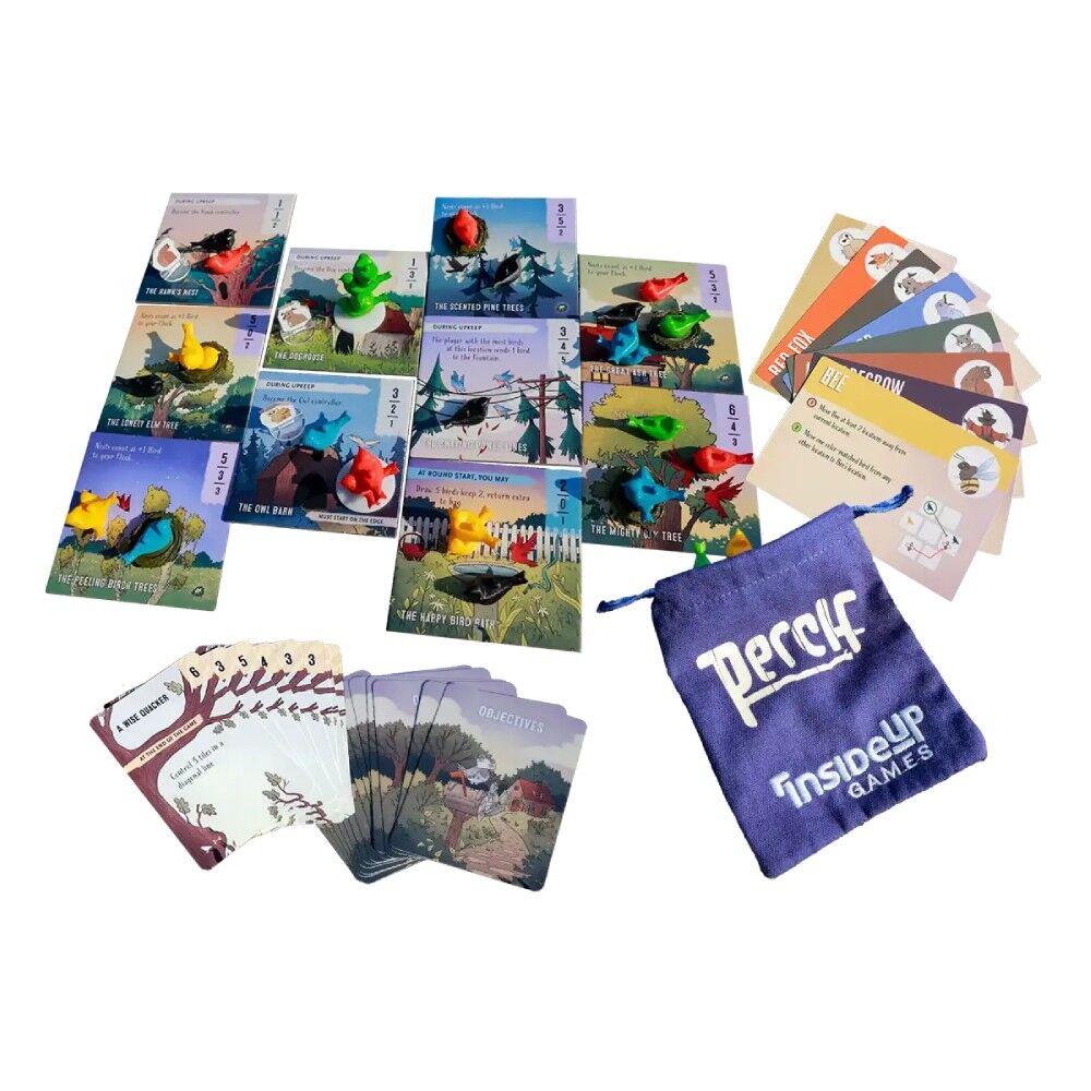Perch board game components including cards, game pieces, and a draw bag on a white background