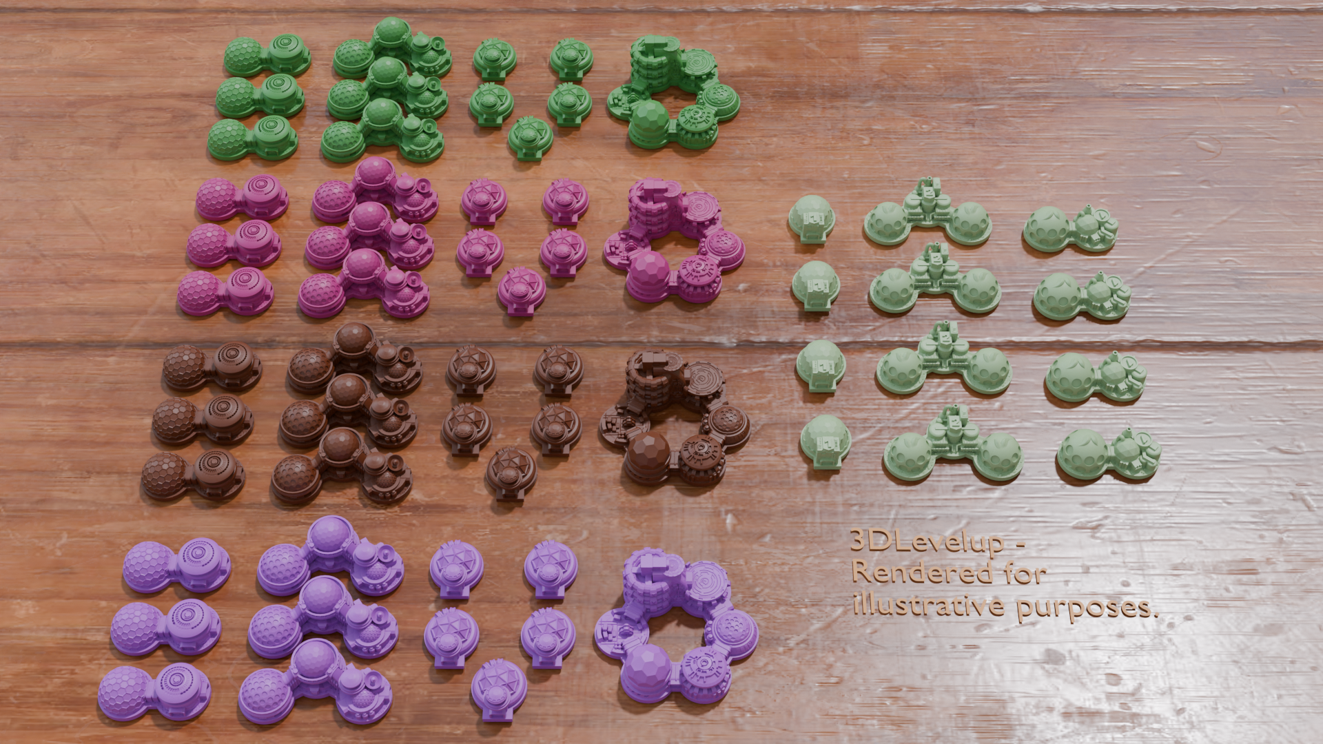 Collection of small 3D-printed models on a wooden surface for Shackleton Base