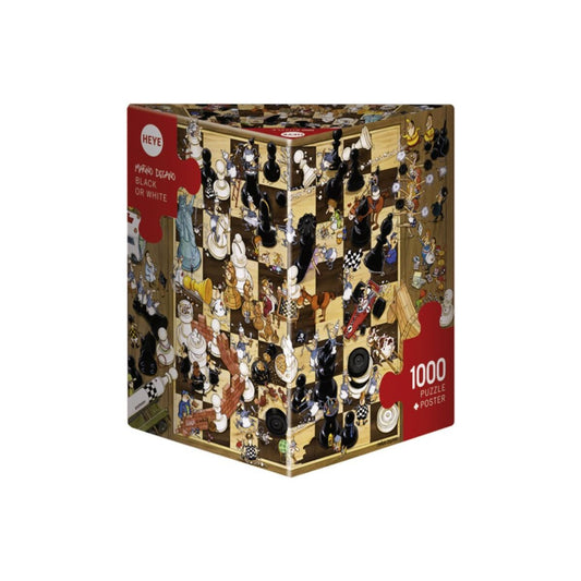 Jigsaw puzzle box with a pattern of chess pieces on a white background