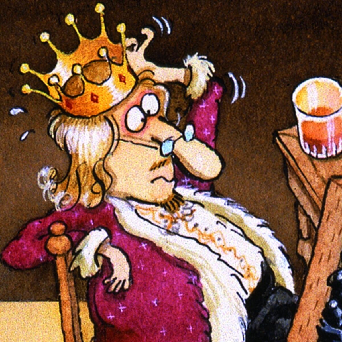Cartoon king with a crown and robe sitting at a table with a glass of wine.