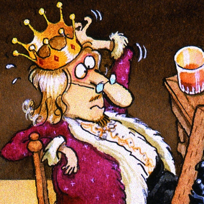 Cartoon king with a crown and robe sitting at a table with a glass of wine.